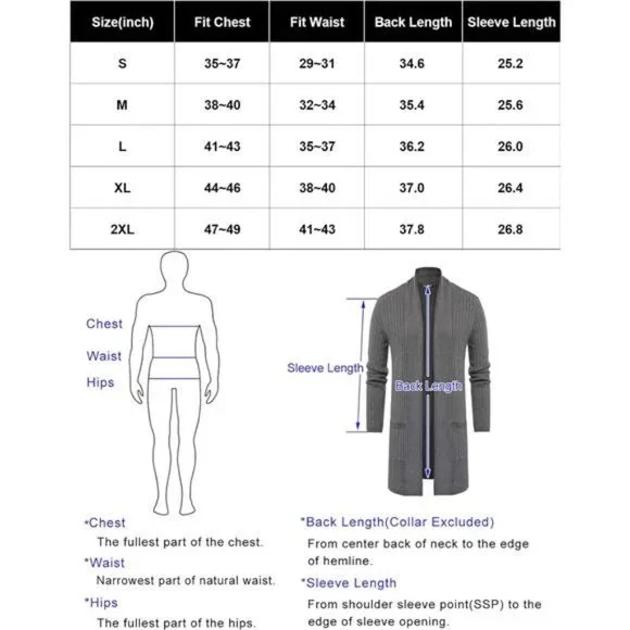 Men's Shawl Collar Open Front Long Cardigan Ribbed Knit Sweater with Pockets - Picture 6 of 6